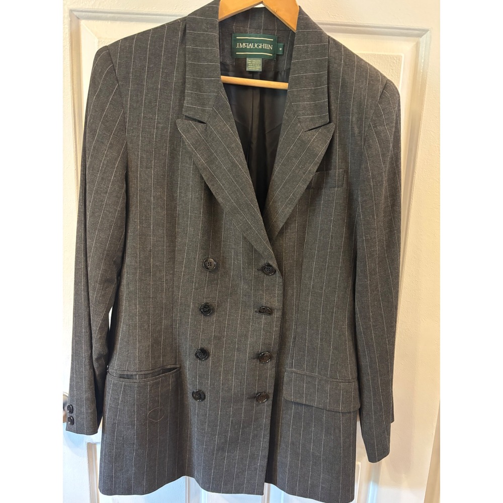 J. McLaughlin Womens Gray Pinstripe Double Breasted Blazer Jacket Size 12 USA